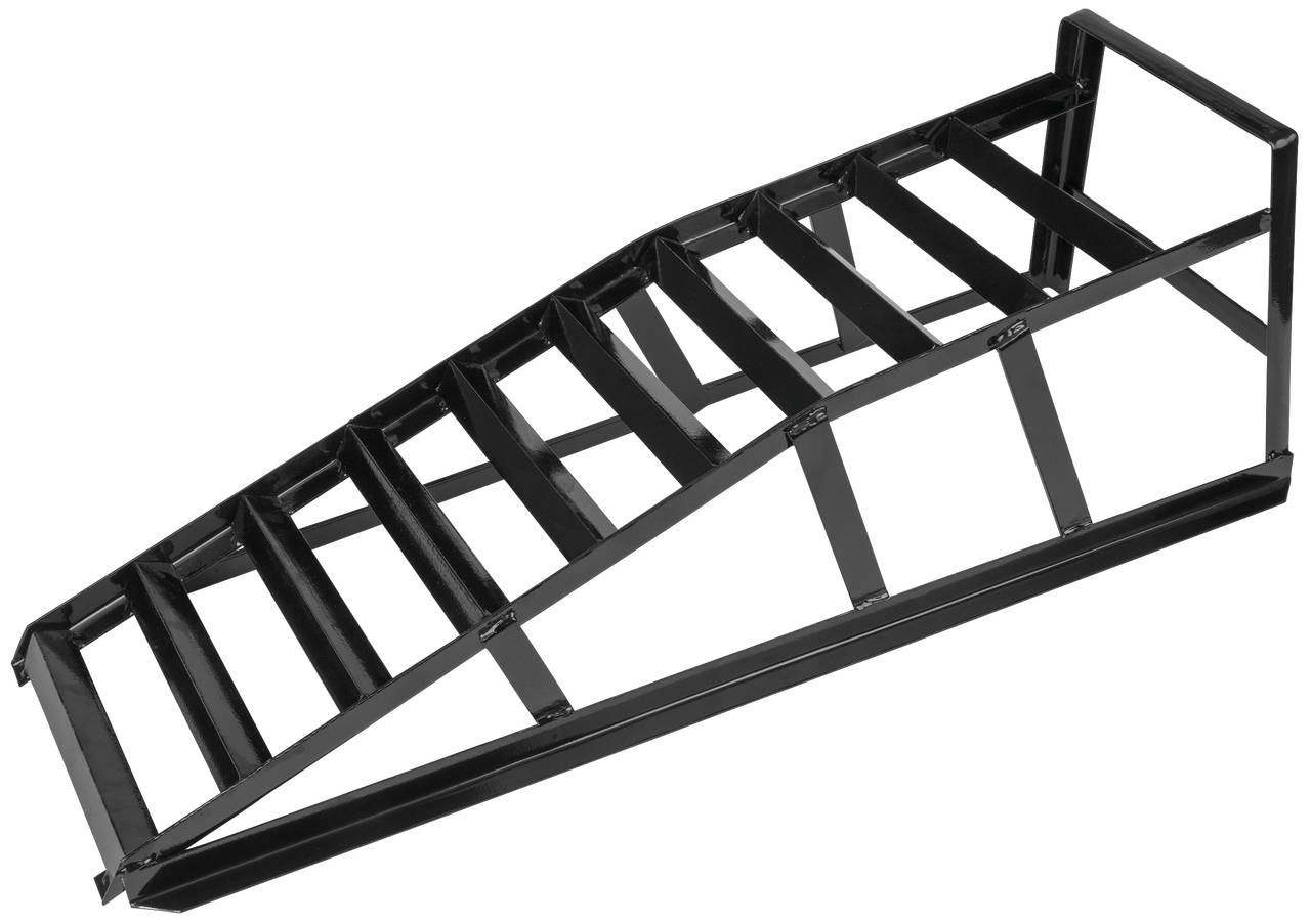 Schwarze Metallrampe mit mehreren Stufen, die für den Zugang oder das Überwinden von Höhenunterschieden verwendet wird.