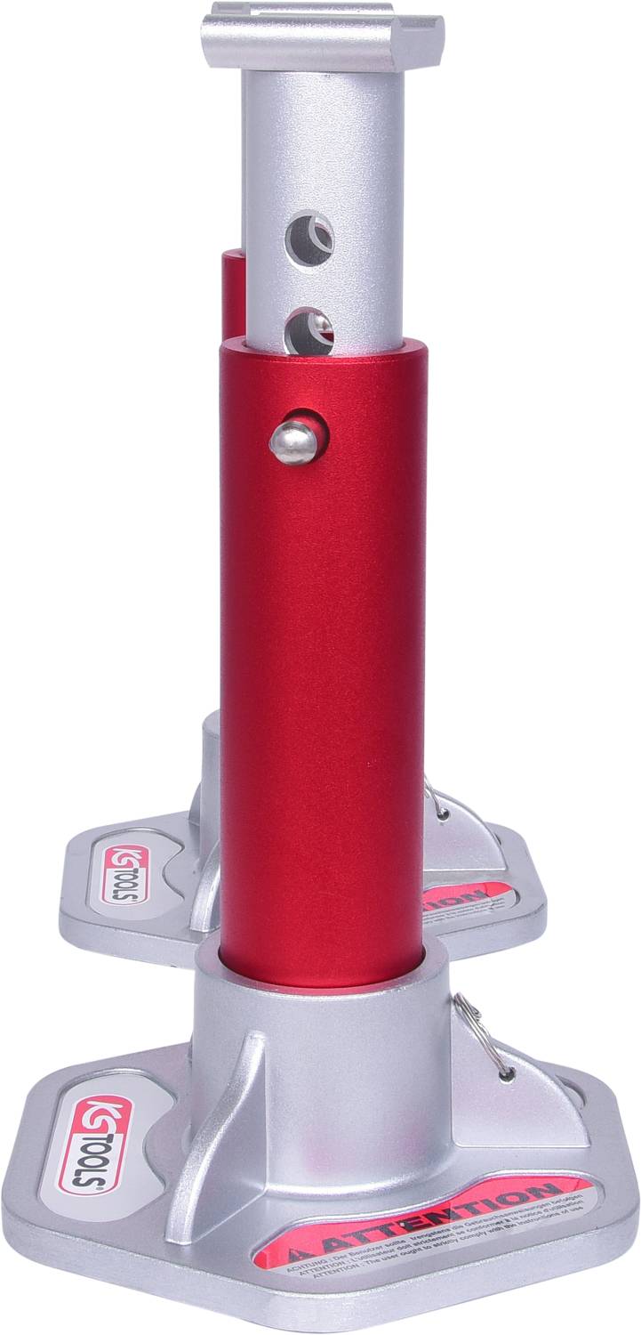 Rote, höhenverstellbare Metallstütze mit silbernen Details, oft als Werkzeughalter oder Stütze bei Bauarbeiten verwendet.