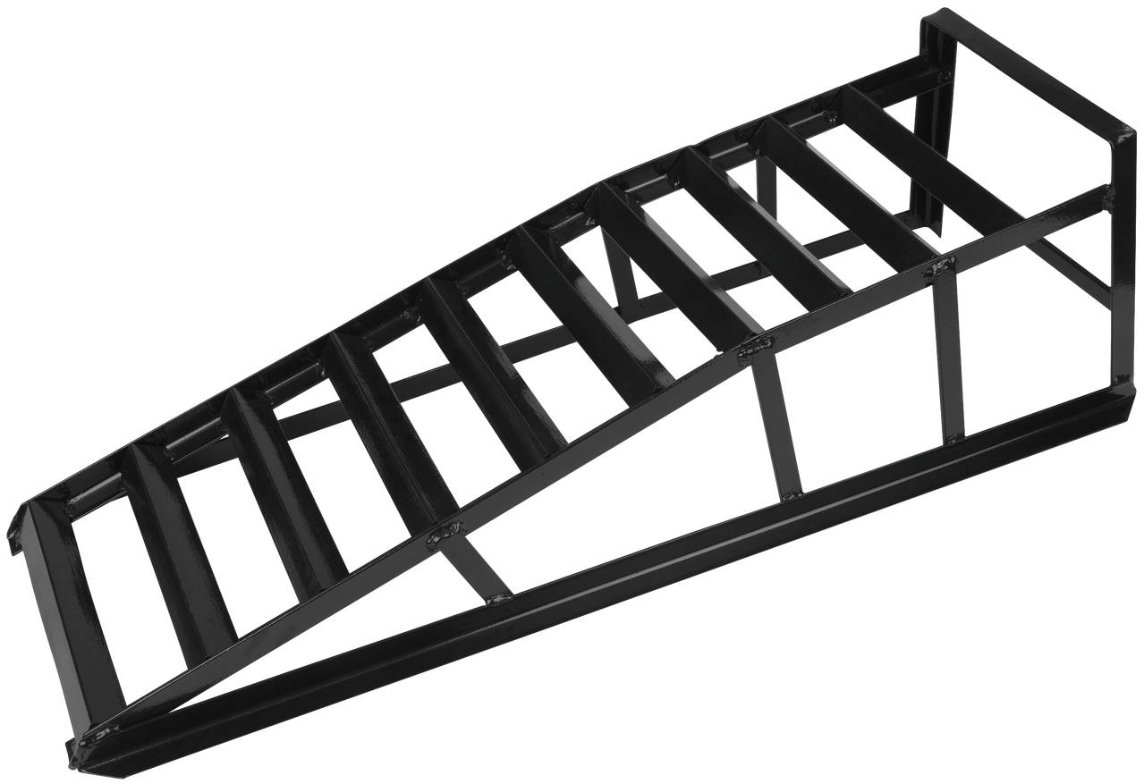 Schwarze Metallrampe mit stufenförmiger Struktur, geeignet für mechanische Anwendungen oder Fahrzeugreparaturen.