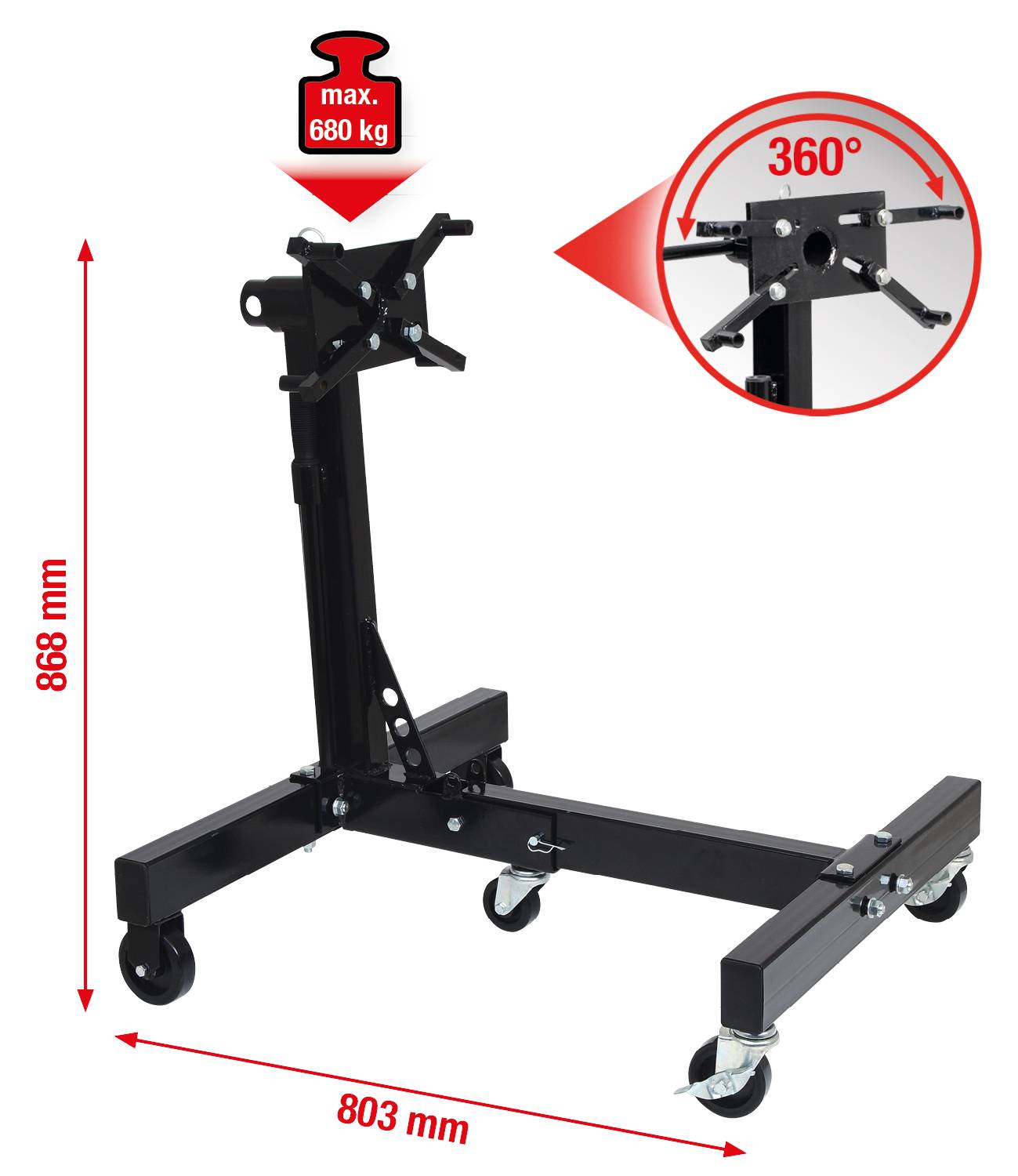 Schwarzer Motorständer auf Rollen, tragfähig bis 680 kg, mit drehbarer Halterung. Maße: 868 mm hoch, 803 mm breit.