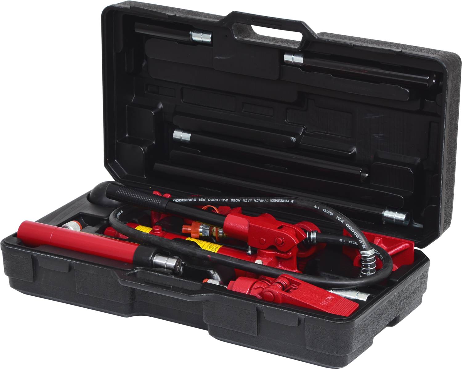 Ein schwarzer Werkzeugkoffer mit geöffnetem Deckel zeigt diverse rote Hydraulikwerkzeuge und Schläuche für professionelle Reparaturarbeiten.