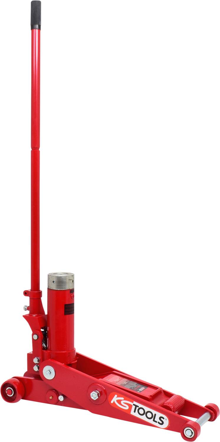 Roter hydraulischer Wagenheber mit langem Hebel und Rollen, geeignet zum Anheben von Fahrzeugen. Markierung von 'KS TOOLS'.