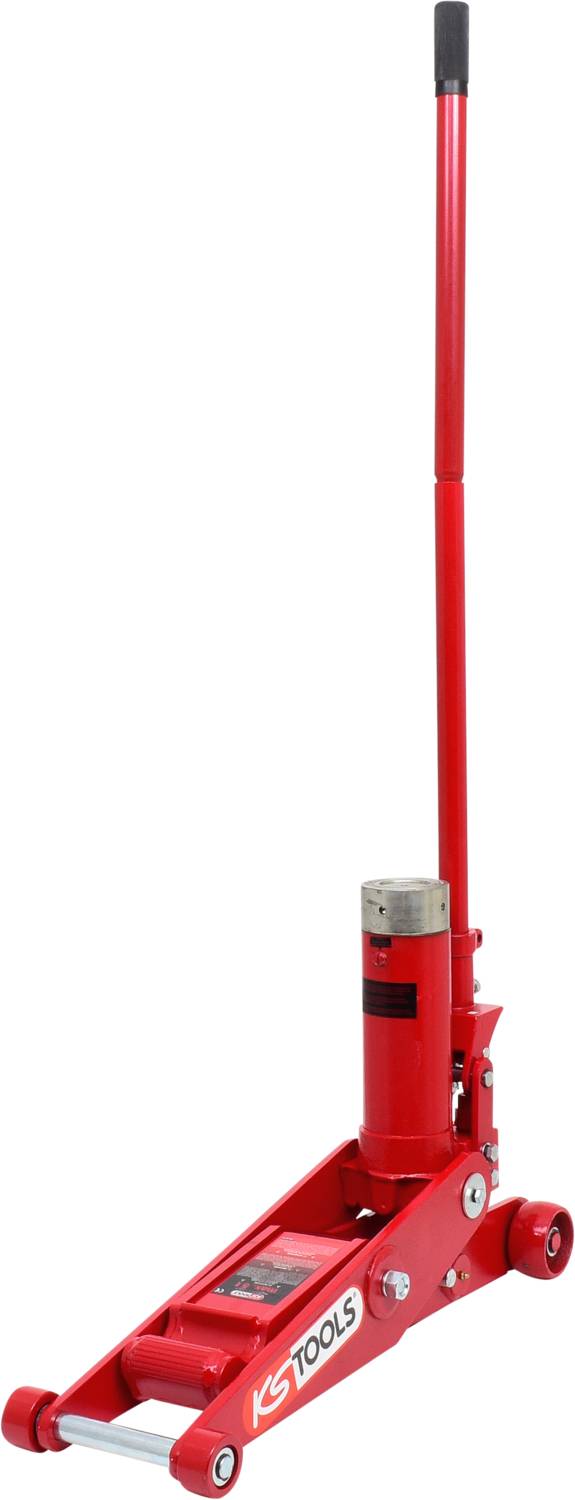 Roter hydraulischer Wagenheber mit Hebel, geeignet zum Anheben von Fahrzeugen für Reparatur- oder Wartungsarbeiten.
