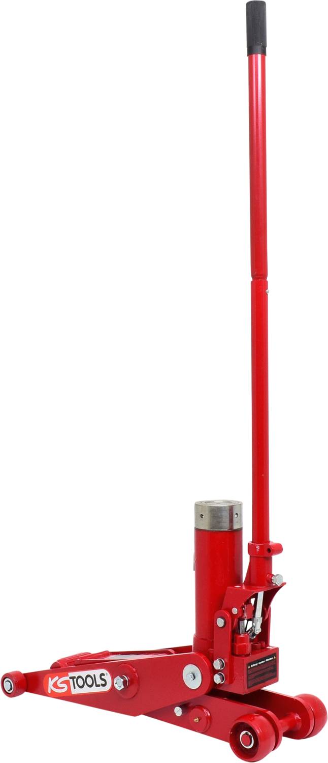 Roter hydraulischer Wagenheber mit langem Griff, geeignet zum Anheben von Fahrzeugen.
