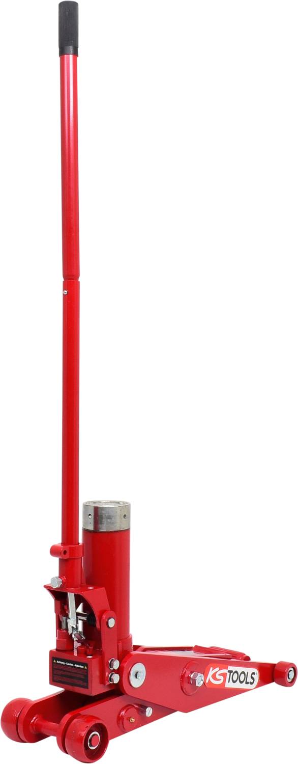 Roter hydraulischer Wagenheber auf Rädern mit langem Hebelarm, geeignet zum Anheben von Fahrzeugen für Reparaturen.