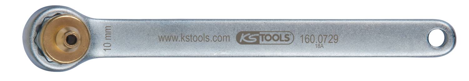 Ratsche Maulschlüssel, 10 mm, Marke KS Tools, silbern, mit Loch am Ende für einfache Aufbewahrung. Geeignet für mechanische Arbeiten.