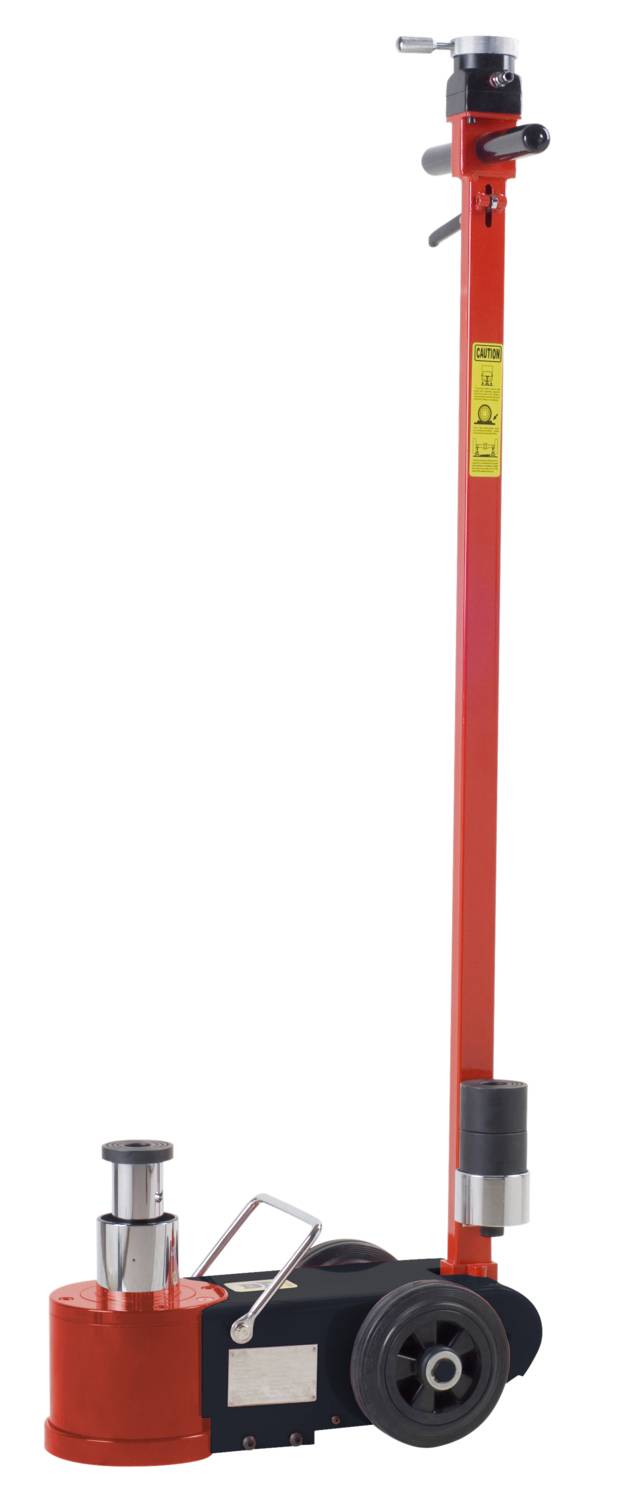 Roter hydraulischer Wagenheber mit langer Griffstange und Rädern, geeignet zum Heben von schweren Fahrzeugen oder Maschinen.