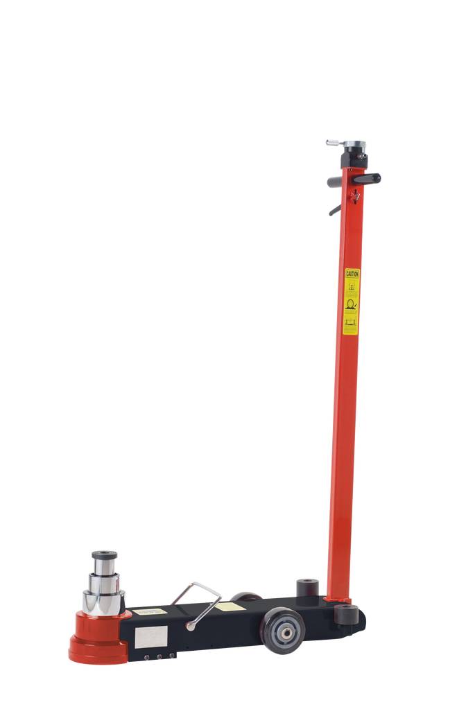 Roter hydraulischer Wagenheber mit langem Griff und schwarzen Rädern, geeignet zum Anheben schwerer Lasten, vor weißem Hintergrund.