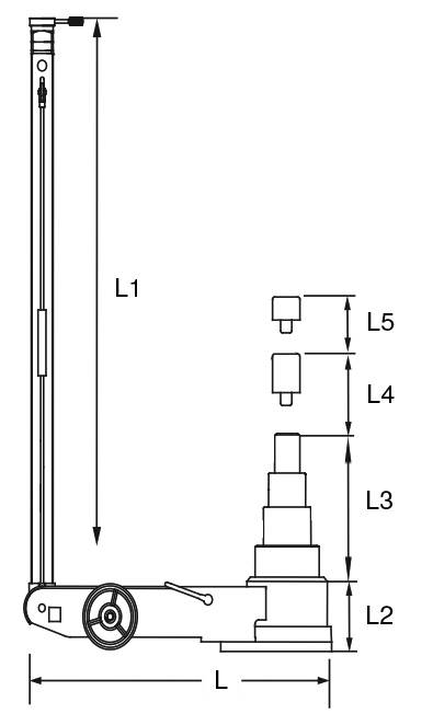 Diagramm eines Wagenhebers mit Maßen; zeigt Längen L1 bis L5 verschiedener Teile. Hauptkomponenten sind Hebel, Basis und Hebekopf.