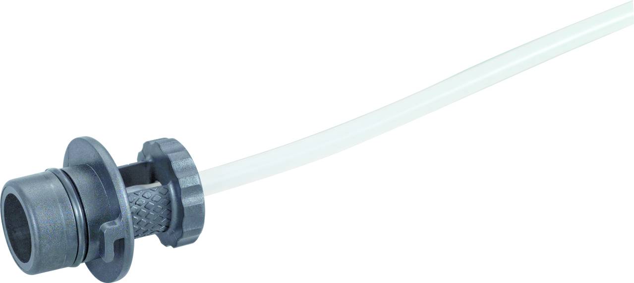 Ein grauer Schnellanschluss für Schläuche mit einem flexiblen, transparenten Schlauch befestigt, zeigt die Verbindungstechnik.