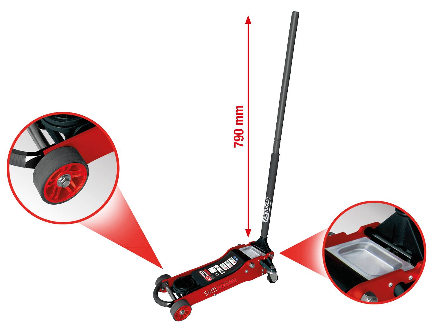 Roter Wagenheber mit langem Hebelarm. Details zeigen Räder und hydraulischen Hebebereich. Pfeil markiert Hebelarmhöhe: 790 mm.