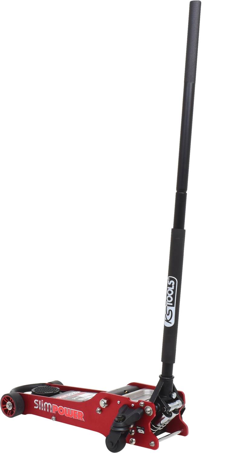 Roter hydraulischer Rangierwagenheber mit hohen Griff, geeignet zum Anheben von Fahrzeugen in Autowerkstätten oder Garagen.