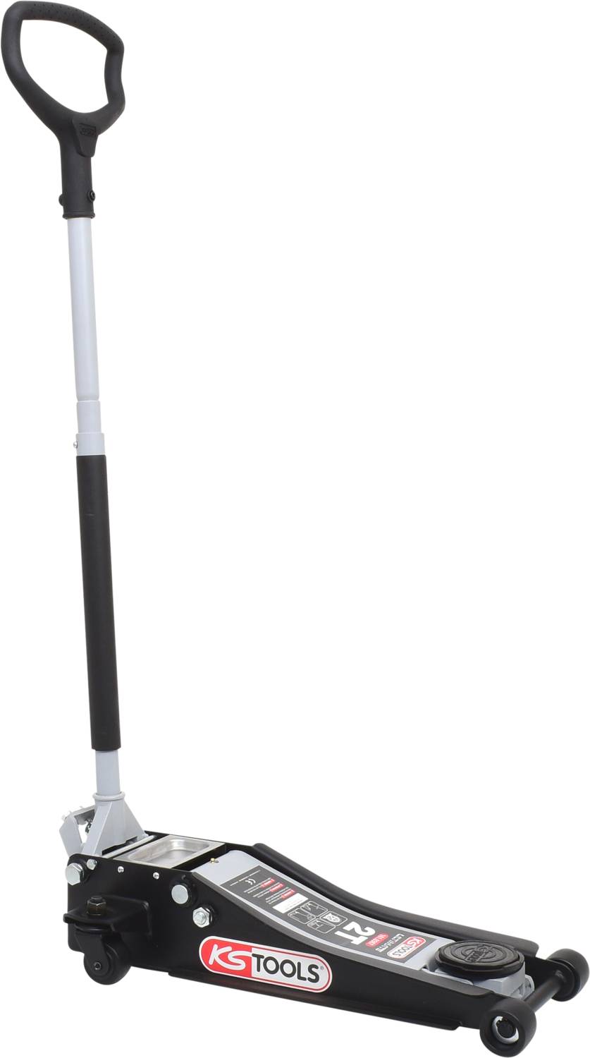 Schwarzer Wagenheber mit langem Griff, Markenlogo 'KS Tools' auf der Seite, designed für das Anheben von Fahrzeugen.