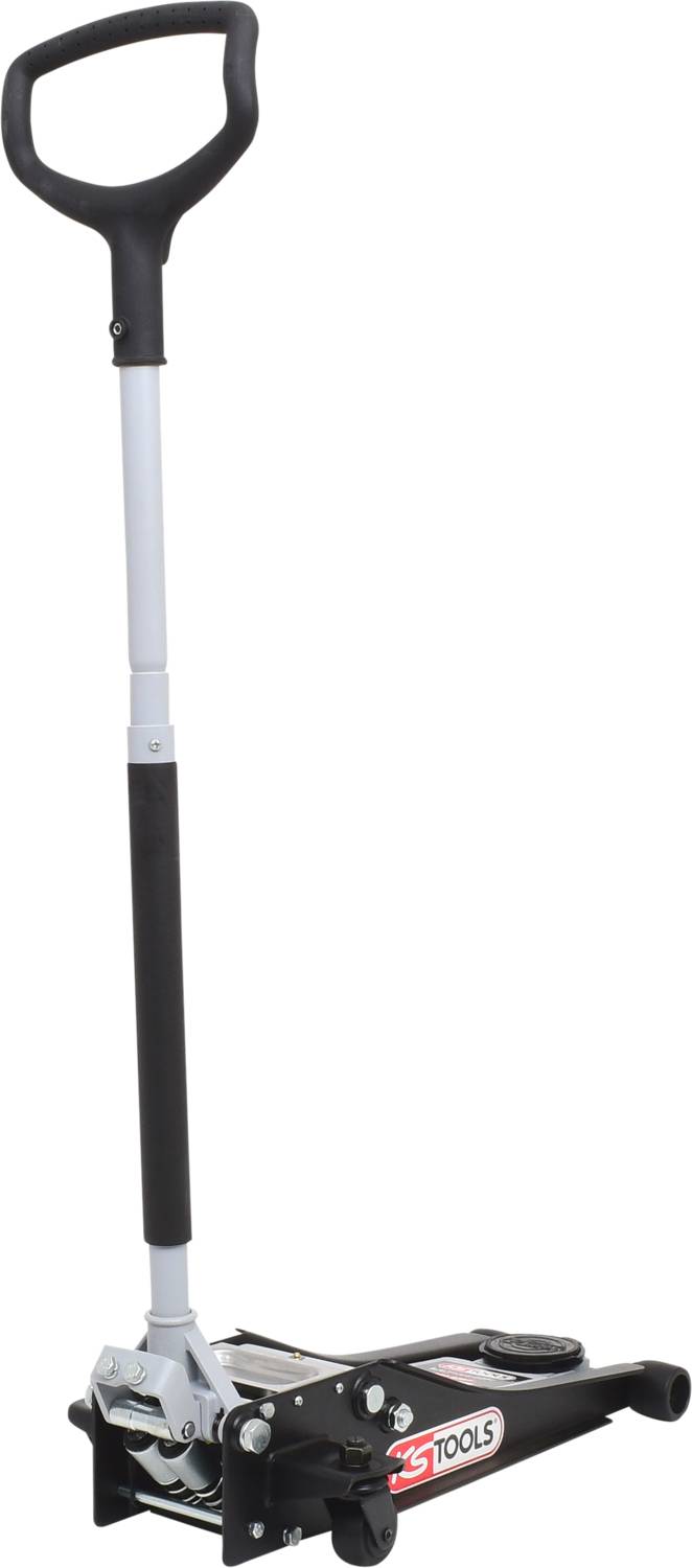 Ein schwarzer Wagenheber mit langem Griff, geeignet zum Anheben von Fahrzeugen. Enthält eine Marke sichtbar an der Seite.