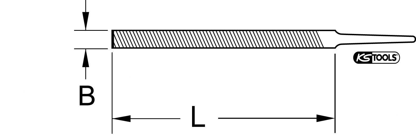 Technische Zeichnung einer flachen Feile. Zeigt Länge 'L' und Breite 'B'. KS Tools-Logo rechts daneben.