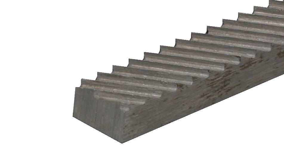Eine Zahnstange aus Metall mit gleichmäßigen, parallel verlaufenden Zähnen. Sie wird typischerweise in Antriebssystemen verwendet.