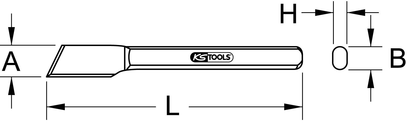 Technische Zeichnung eines Meißels von KS Tools mit Beschriftungen für Höhe (A), Breite (B), Länge (L), und weitere Maße (H, O).