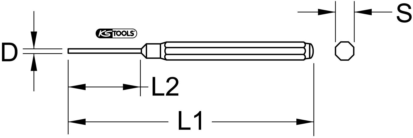Strukturierte technische Zeichnung eines Werkzeugs mit Griff. Bezeichnungen: L1, L2 (Längen), D (Durchmesser), S (Sechskant).