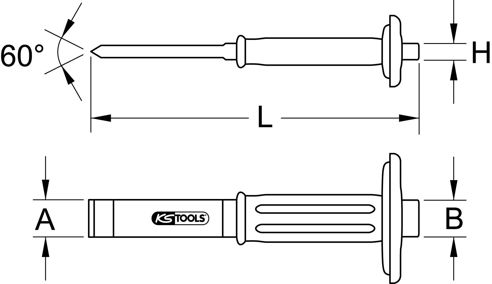 Zeichnung eines Werkzeugs mit Abmessungen: 60° Spitze, Grifflänge L, Griffdurchmesser H, Schaftdurchmesser A und B. Marke: KS Tools.
