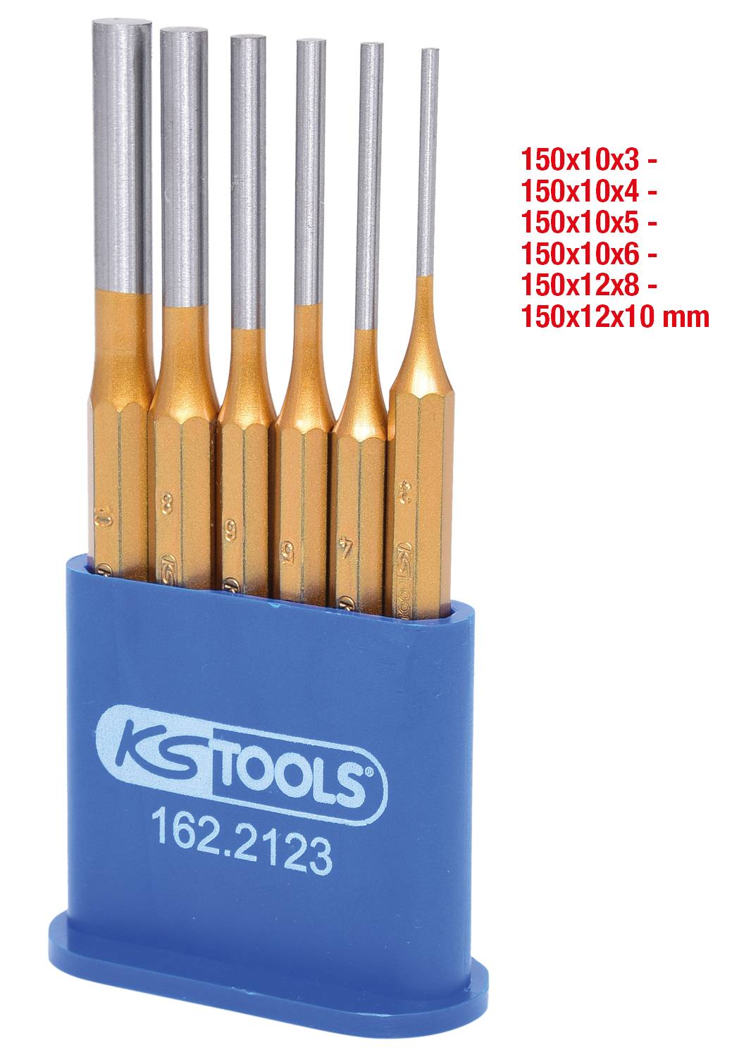 Set aus sechs orange-goldenen Splinttreibern in einem blauen Halter. Die Größen reichen von 150x10x3 bis 150x12x10 mm.