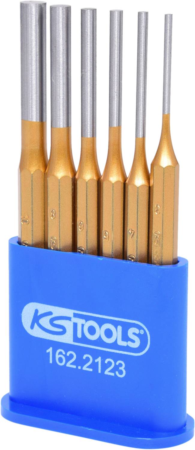 'Satz von sechs gold-silbernen Stiften in einem blauen Halter mit der Aufschrift 