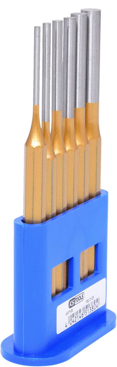 Ein Satz Stahlschraubenausdreher in einem blauen Halter, geeignet für verschiedene Schraubengrößen.