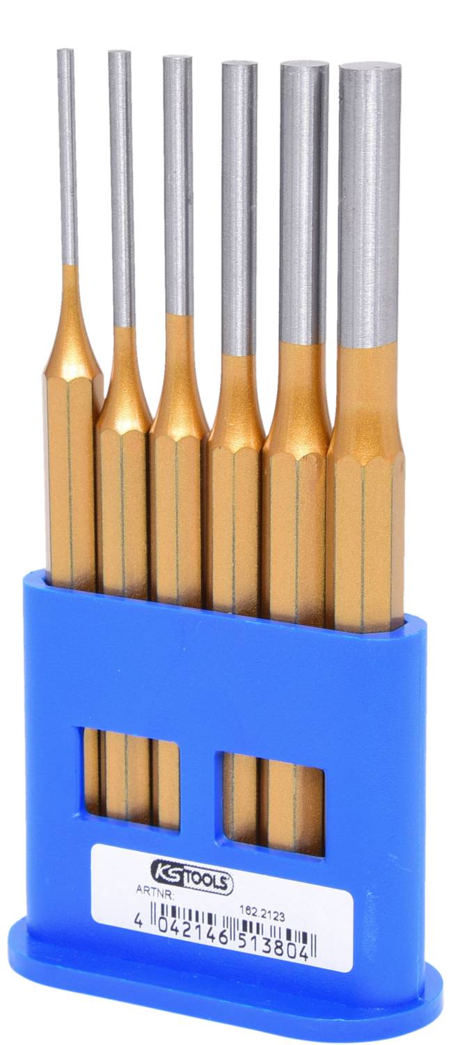 Satz mit fünf unterschiedlich großen goldenen Durchschlägern in einem blauen Halter von KS Tools.