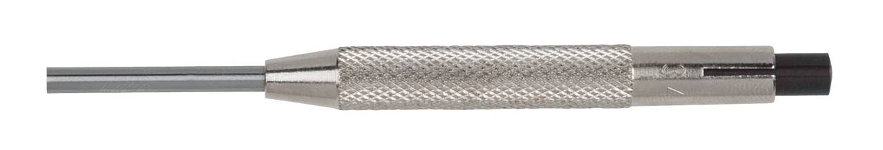 Nahaufnahme eines Metallstifts mit gerändelter Griffzone und ausfahrbarer Mine.