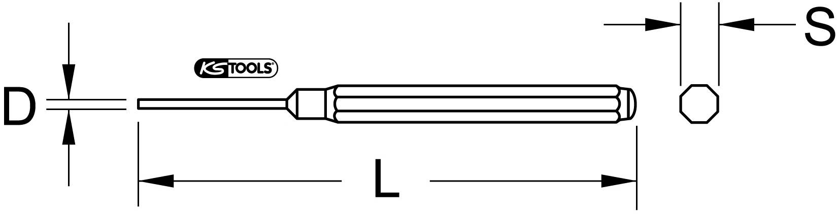 Diagramm eines Sechskantschlüssels mit Etiketten: Grifflänge 'L', Schaftbreite 'D', Sechskantgröße 'S'.