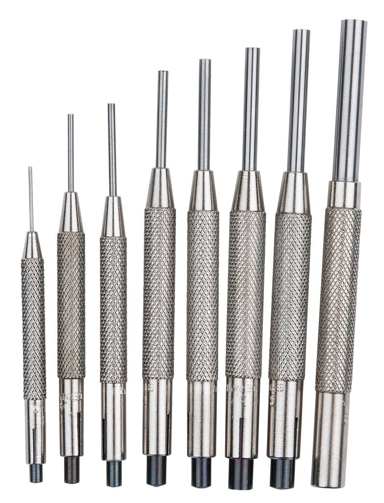 Eine Reihe von acht unterschiedlich großen Stanzwerkzeugen aus Metall mit geriffeltem Griff, nebeneinander angeordnet.
