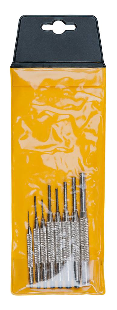 Eine gelbe Kunststoffverpackung enthält ein Set von kleinen Metallwerkzeugen mit unterschiedlichen Spitzen und Griffen.