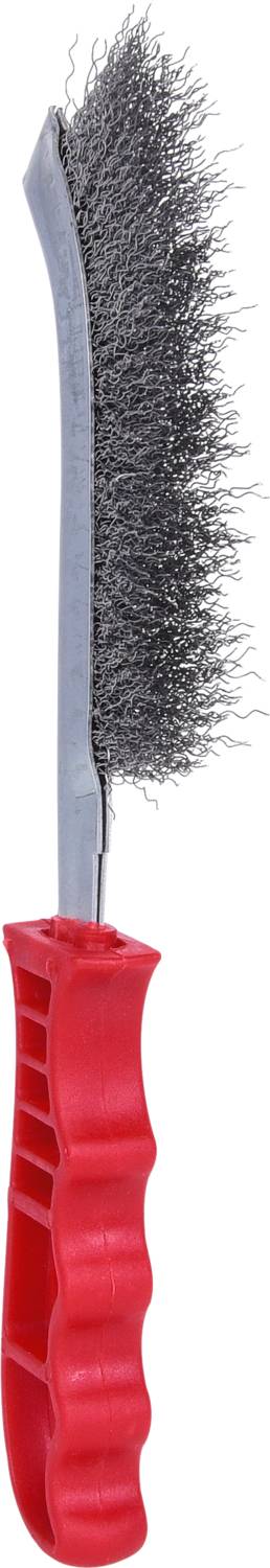 Eine Drahtbürste mit rotem Griff und gebogenem Bürstenkopf für die Reinigung von Oberflächen und Entfernen von Rost oder Schmutz.