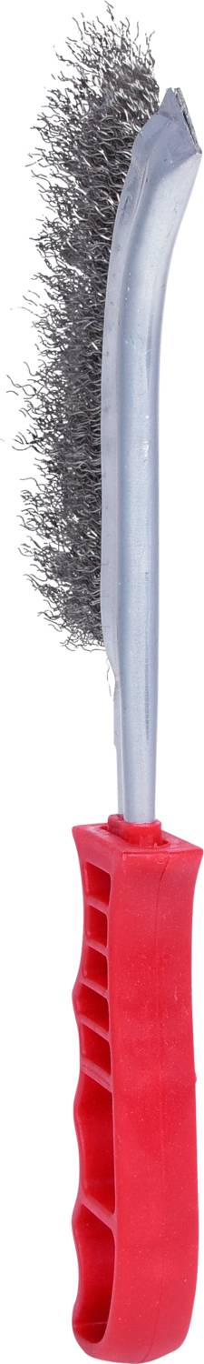 Stahlbürste mit langem rotem Griff und silbernen Metallborsten, geeignet zur Entfernung von Rost oder Schmutz auf Metalloberflächen.