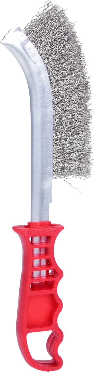 Rot-griffige Drahtbürste mit gebogenem Metallkörper und dichten Stahlborsten, geeignet für intensive Reinigungsarbeiten.