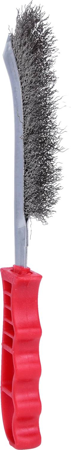Drahtbürste mit rotem Griff, gebogenem Metallstiel und dichten Borsten, geeignet zum Reinigen von Oberflächen oder Entfernen von Rost.