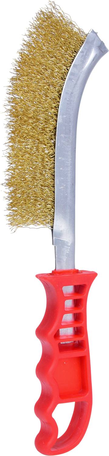 Bürste mit goldfarbenen Borsten und rotem Kunststoffgriff, geeignet zur Reinigung von Metalloberflächen.