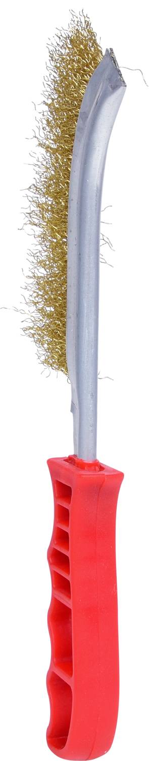 Drahtbürste mit rotem Griff und gebogenem Metallkopf. Die Borsten sind aus Metall und zeigen sichtbaren Gebrauchsspuren.