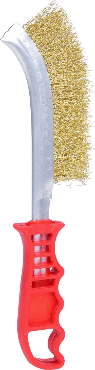 Metallbürste mit rotem Griff und gebogenem Kopf aus Messingborsten. Hauptsächlich zum Reinigen von Metalloberflächen verwendet.