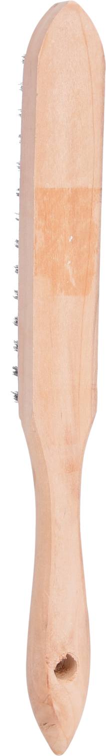Eine Holzbürste mit einem langen Griff und einer Seite mit dichten Metallborsten, verwendet zur Reinigung von Oberflächen oder Materialien.