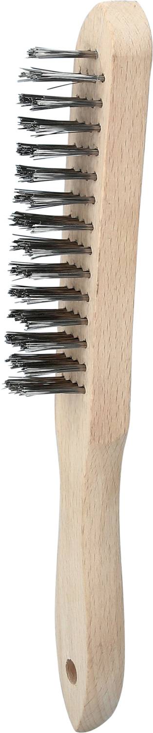 Holzbürste mit schwarzen Borsten und kurzem Griff. Geeignet zur Reinigung oder Pflege, oft für Haare oder Textilien verwendet.