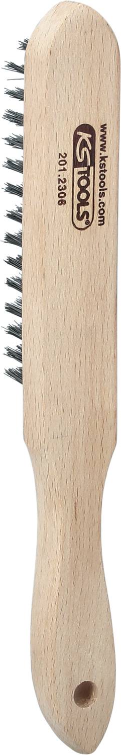 Holzgriff-Bürste mit schwarzen Borsten, geeignet für Reinigung und Pflege. Ideal zum Entfernen von Schmutz und Polieren von Oberflächen.