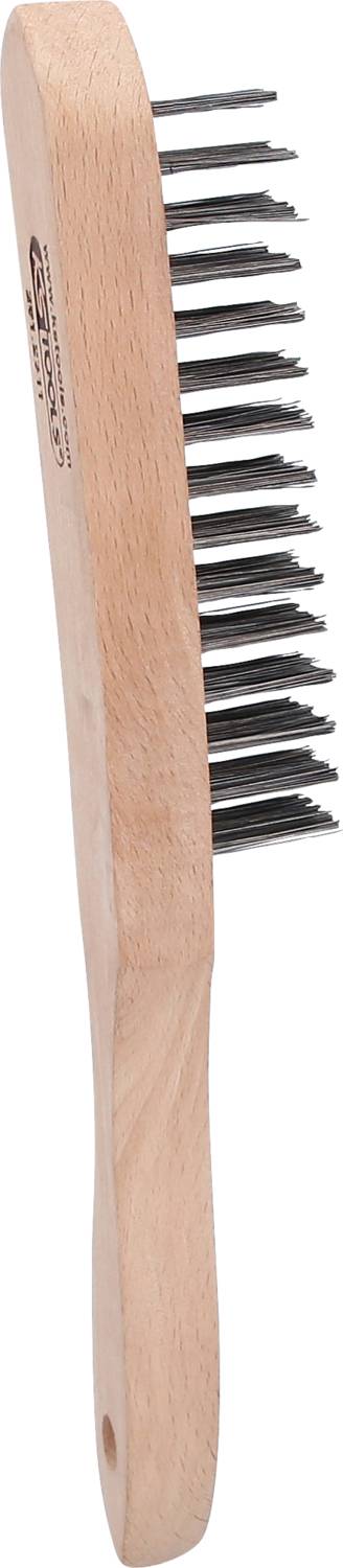 Bürste mit Holzgriff und Metallborsten, geeignet zur Reinigung oder Entrostung von Oberflächen.