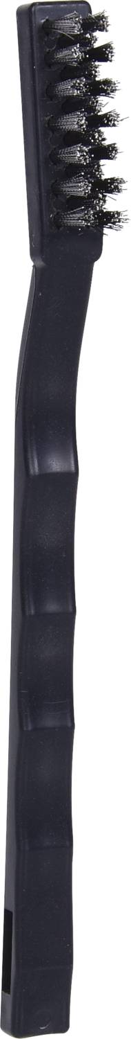 Schwarze Bürste mit gebogenem Griff und schwarzen Borsten, möglicherweise für die Reinigung schwer zugänglicher Stellen geeignet.