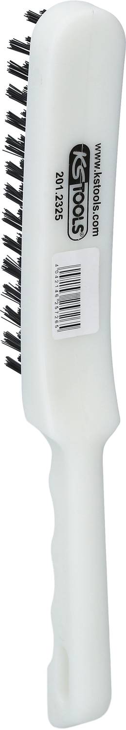 Eine weiße Bürste mit schwarzem Borstenfeld und strukturiertem Griff. Der Griff trägt die Aufschrift 'KS Tools' und eine Seriennummer.