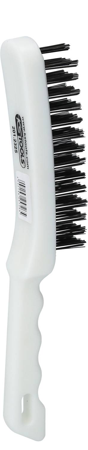 Weiße Reinigungsbürste mit schwarzen, festen Borsten und ergonomischem Griff, geeignet für grobe Oberflächenreinigung.