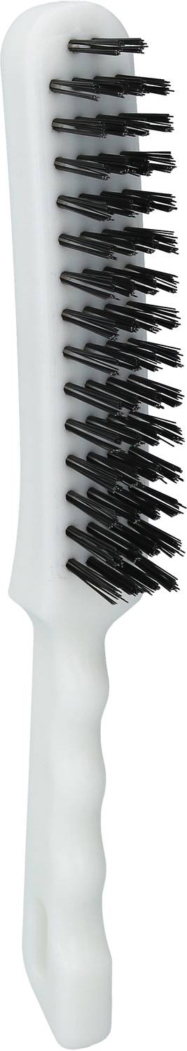 Eine weiße Haarbürste mit schwarzen Borsten und einem strukturierten Griff.