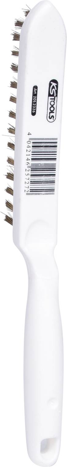 Weiße Kunststoffbürste mit Barcode und Griff. Die Borsten sind metallisch und angeordnet, um neben dem Griff dünn zu erscheinen.