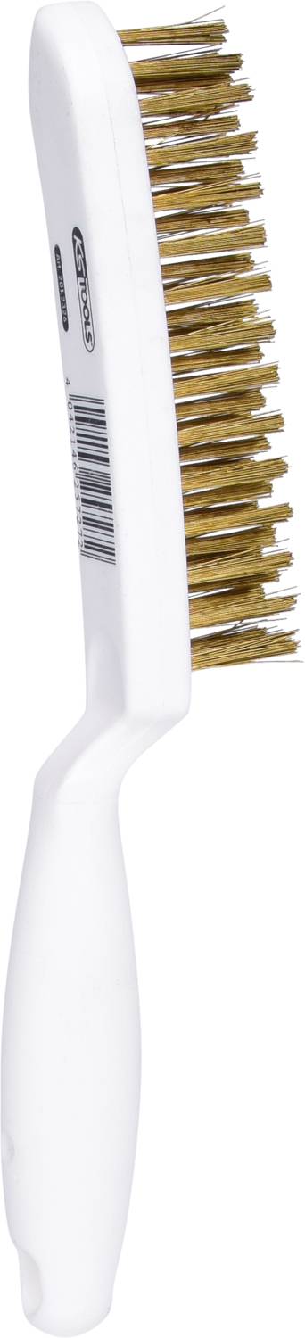 Weiße Reinigungsbürste mit langem Griff und goldfarbenen Borsten, geeignet für die Reinigung von Oberflächen oder Werkzeugen.