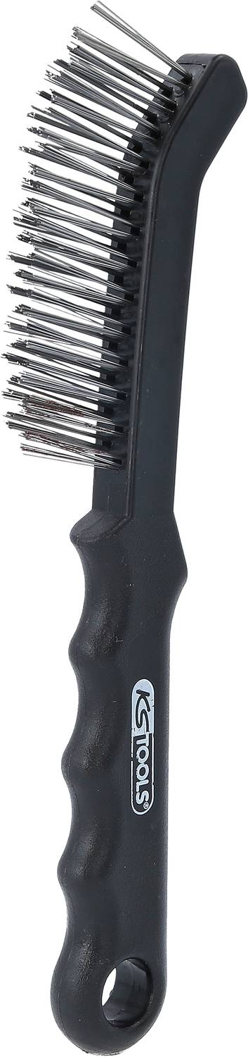 Schwarze Drahtbürste mit langem Griff und Metallborsten. Häufig verwendet zum Reinigen oder Entfernen von Rost und Schmutz.