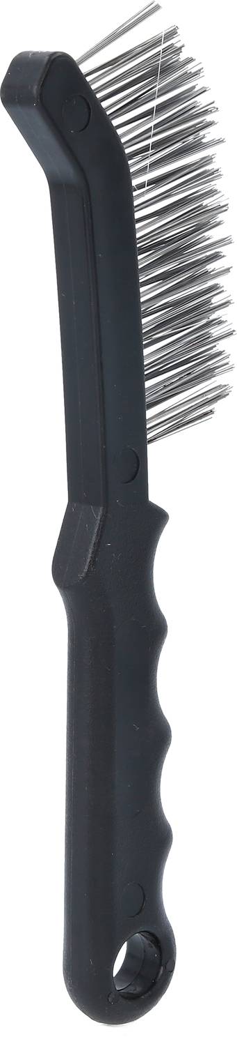 Schwarze Hundebürste mit langen Metallborsten und ergonomischem Griff, geeignet zum Entfilzen und Pflegen von Tierfell.